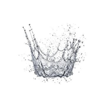 Crown shaped water splash with flying droplets frozen in motion, isolated liquid burst on transparent background