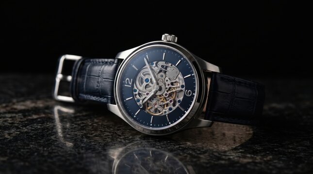 Skeleton mechanical wristwatch with blue leather strap on granite