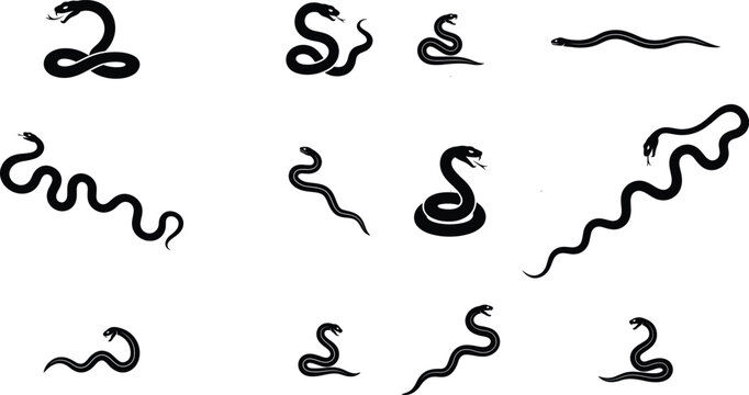 Snake Silhouette Collection Vector Illustration Set of Black Serpent Symbols Isolated on White Background Design