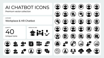 Obraz premium Modern AI Chatbot Icons Vector Set for Business and HR Solutions. Sleek black glyphs for virtual assistant, customer support, and technology concepts, ideal for web and