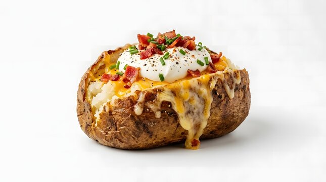 Delicious baked potato loaded with cheese sour cream bacon and fresh toppings