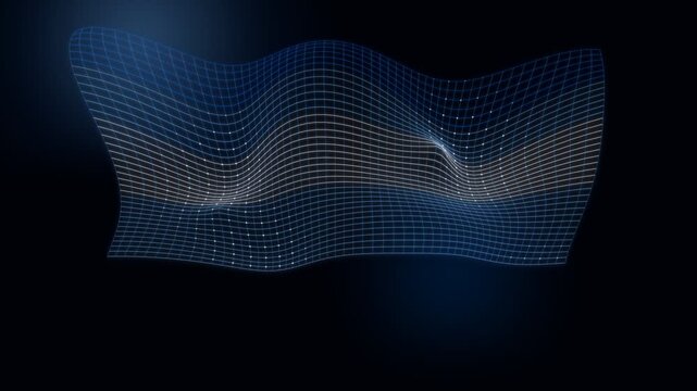 Abstract digital wireframe flag of argentina glowing with neon blue mesh grid lines waving in dark cyberspace background