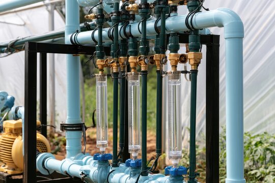 Advanced irrigation and water filtration system with flow meters in a greenhouse.