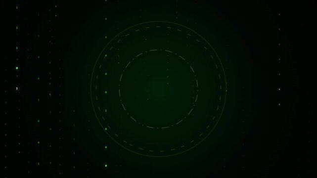 Digital binary code rain with hud radar overlay, abstract cyber security background, green matrix data stream animation