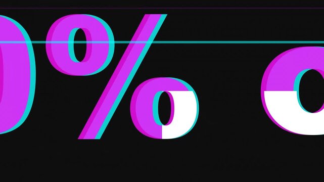 Purple 50 percent off text with digital glitch effect on dark textured background for sales promotion