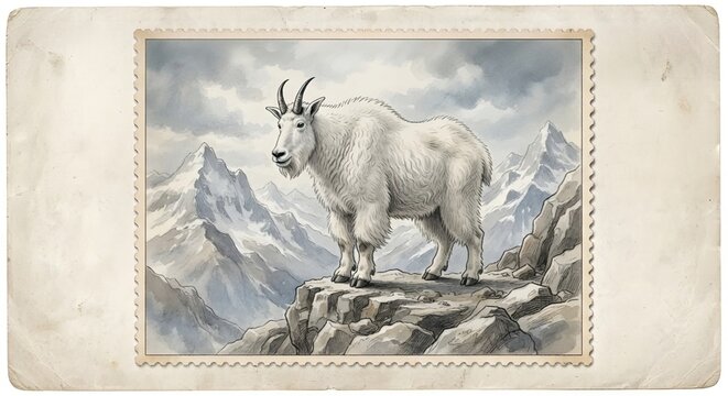 postage stamp gdr 1981 horse، Watercolor White Mountain Goat Standing On Rocky Cliff With Snowy Mountain Peaks Inside Vintage Postage Stamp
