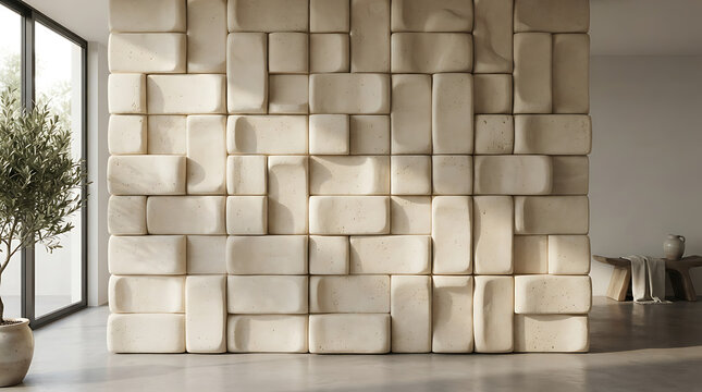 Large light toned modular block wall forming indoor accent feature in modern minimalist room