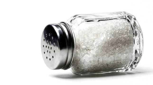 Glass salt shaker with metal lid filled with white crystalline seasoning