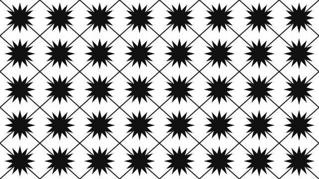 Seamless black star pattern with diagonal grid lines on white background