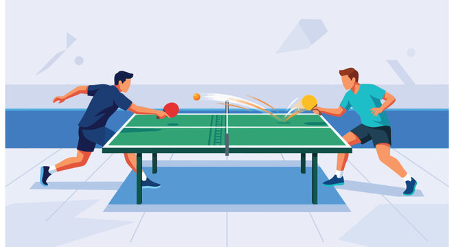 Flat vector illustration of two men playing competitive table tennis on a green indoor court.