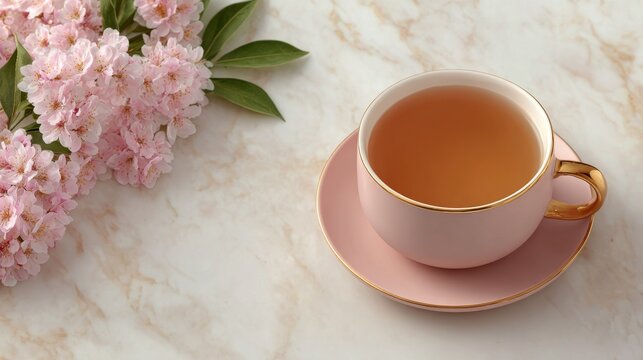 A pink teacup and saucer filled with warm tea sit on a marble surface alongside a cluster of delicate pink flowers.   
