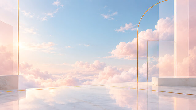 パステルカラーの空と雲が広がる幻想的で上品な空間背景