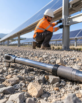 Maintenance tool foregrounded against active solar structural inspection.