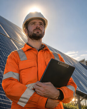 Backlit solar worker portrait with strong sun halo and copy-friendly composition.