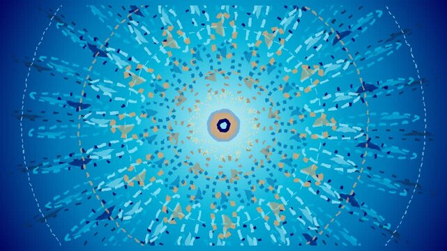 Vibrant blue abstract mandala with glowing center and radiating circular patterns of geometric shapes and textures