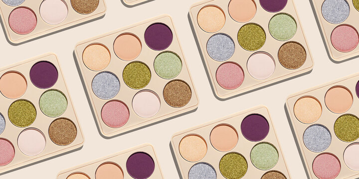 Minimal pattern with makeup powder palette with sparkling and matte eyeshadows refills round shape in geometric composition, banner. Contemporary beauty concept, neutral beige background, pastel tone.
