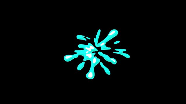 Liquid splash elements, flash water burst, fluid splash explosion, 2D flow bubbles hand drawn effects, flash blast animation on black screen background.
