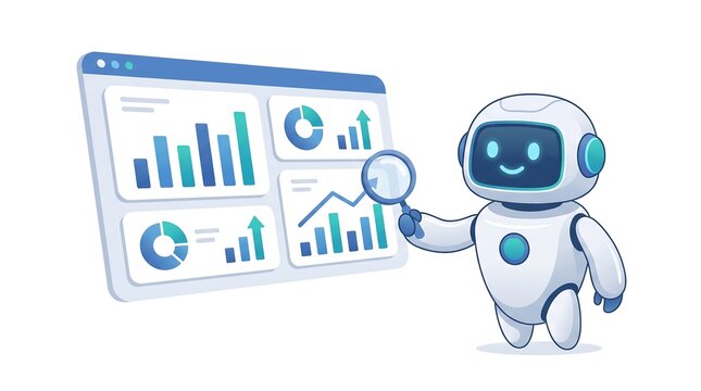 A friendly cartoon robot with a magnifying glass examines a digital dashboard displaying various charts and graphs, representing data analysis and business intelligence.