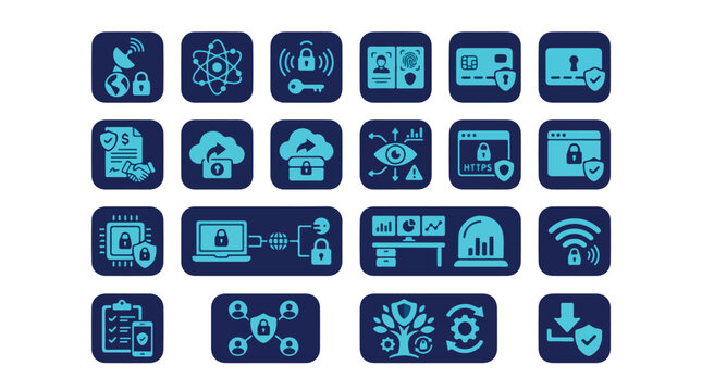 A set of cybersecurity icons featuring data protection, network safety, cloud privacy, and digital technology concepts.