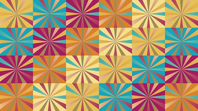 Vibrant retro sunburst background with colorful geometric mosaic pattern and vintage sun rays design for creative projects