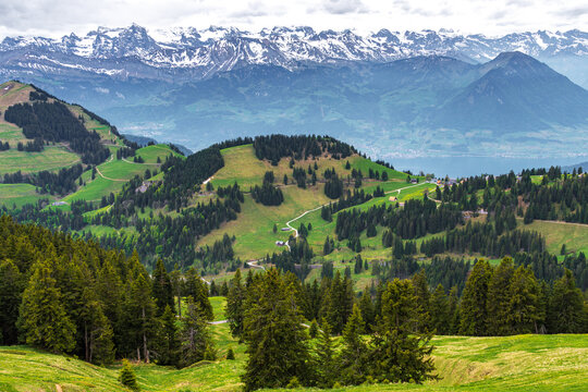 Scenic panoramic view of Mount Rigi in the Swiss Alps during early summer