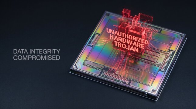 Glowing red holographic hardware trojan exploit on silicon microchip showing compromised data integrity