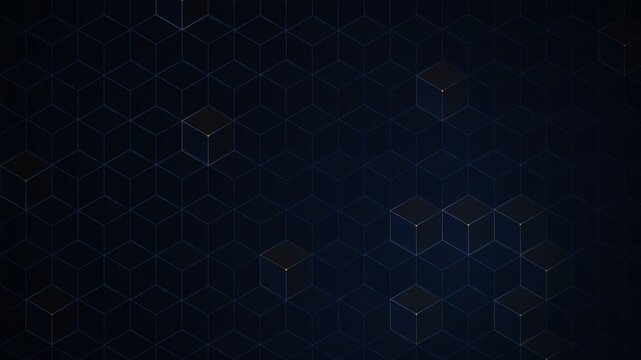 Abstract dark background featuring geometric isometric glowing cube patterns and digital grid mesh structures