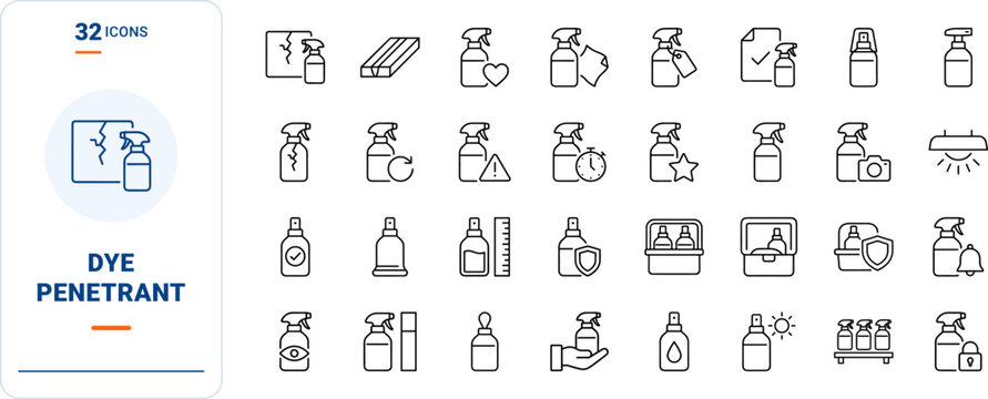 Ndt Dye Crack Detection Web Icon Set in Linear Style. Collection of liquid penetrant, flaw inspection, surface testing, weld checking, industrial quality, non destructive, line icons, including