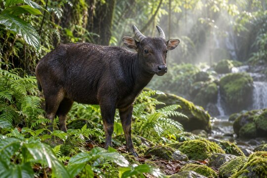 Anoa in a Misty Rainforest