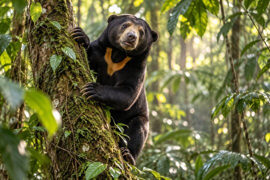 Sun Bear Climbing a Mossy Tree