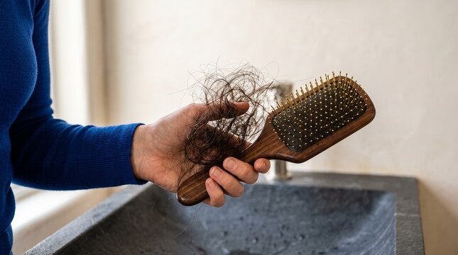 Woman holding wooden hairbrush with excessive hair loss standing in bathroom