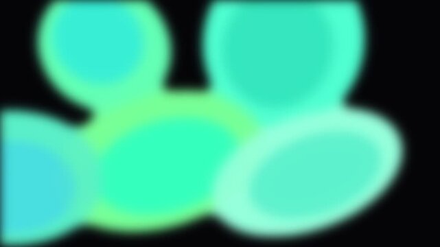 Neon glowing abstract circles and shapes in vibrant cyan and green colors floating against a dark black background
