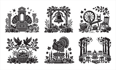 Fototapeta premium Vintage Thanksgiving Silhouette Icons Set with Folk Art Motifs, Autumn Leaves, Pumpkins and Traditional Nature Elements