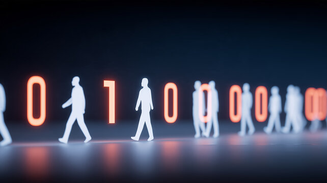 People walking among binary numbers represent digital population data and technology driven workforce transformation.
