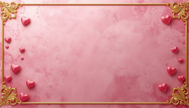 Cute Pink Valentine Day Background Frame with Scattered Hearts around Borders 