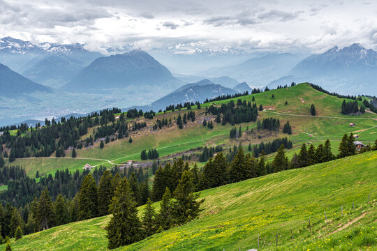 Scenic panoramic view of Mount Rigi in the Swiss Alps during early summer