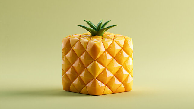 Cube Golden Pineapple Minimalist Fruit Concept Green Background   