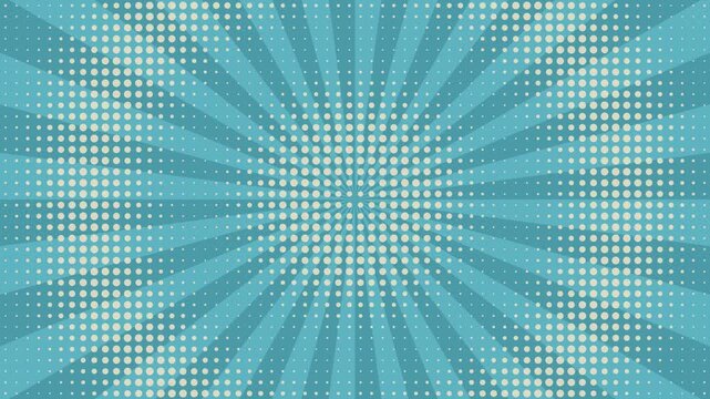 Turquoise pop art comic book background with radial sunburst rays and vintage halftone dot pattern texture