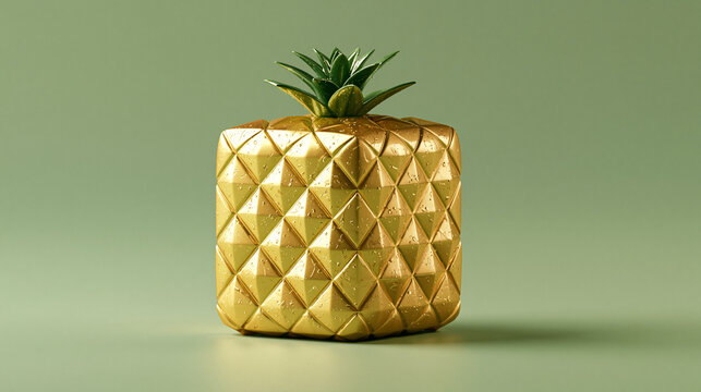 Cube Golden Pineapple Minimalist Fruit Concept Green Background   