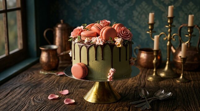 Elegant Green Cake with Pink Macarons and Flowers on Gold Stand in Vintage Room