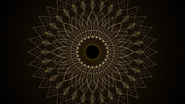 Stunning golden mandala pattern with intricate geometric shapes and symmetrical floral motifs on dark black background