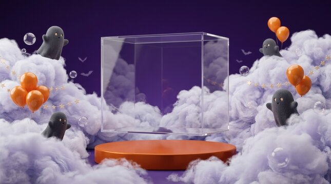 Halloween product display stand inside glass cube surrounded by floating grey ghosts orange balloons and string lights amidst purple clouds backdrop.