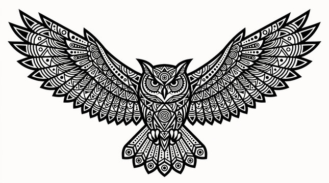 Bird owl animal wildlife in wings flight drawing of illustration vector graphic design art ornate