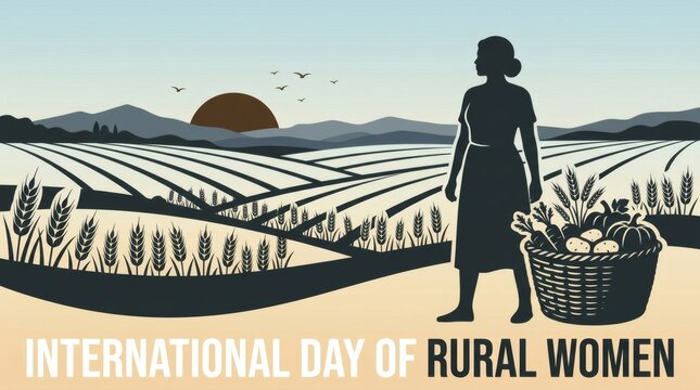 International day of rural women, woman farmer with harvest basket, standing in vast fields with sunset.