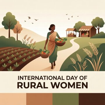 International day of rural women illustration depicting a woman carrying baskets of produce walking on a path in a rural farm setting.
