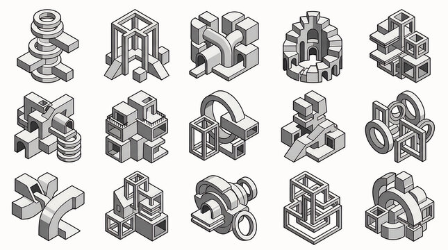 Geometric isometric abstract block in structure architecture shape of set collection vector illustration element design