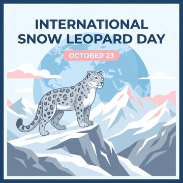 International snow leopard day graphic design featuring majestic feline standing on mountain peak with globe background celebrating wildlife october.