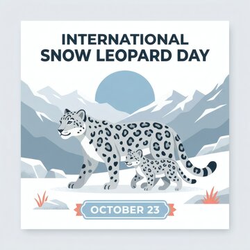 International snow leopard day graphic featuring mother feline with cub on snowy mountain terrain celebrating protection of endangered big cat species.