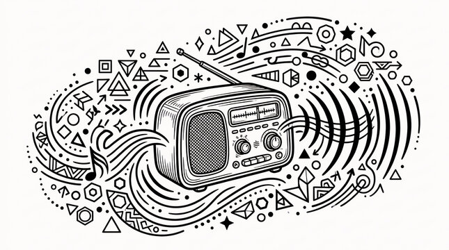 Sound radio music audio in vintage wave broadcast of doodle retro illustration vector listener station