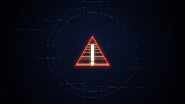 Digital cyber security alert warning sign with glowing code background, digital alert exclamation mark